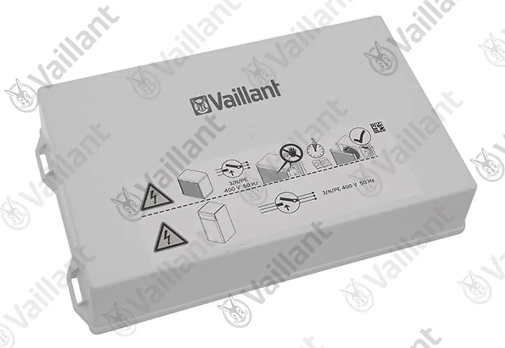 Vaillant Anschlussbox in Weiß mit Sicherheitshinweisen und Symbolen zur Verwendung. Enthält Informationen zum Anschluss und zur Bedienung.